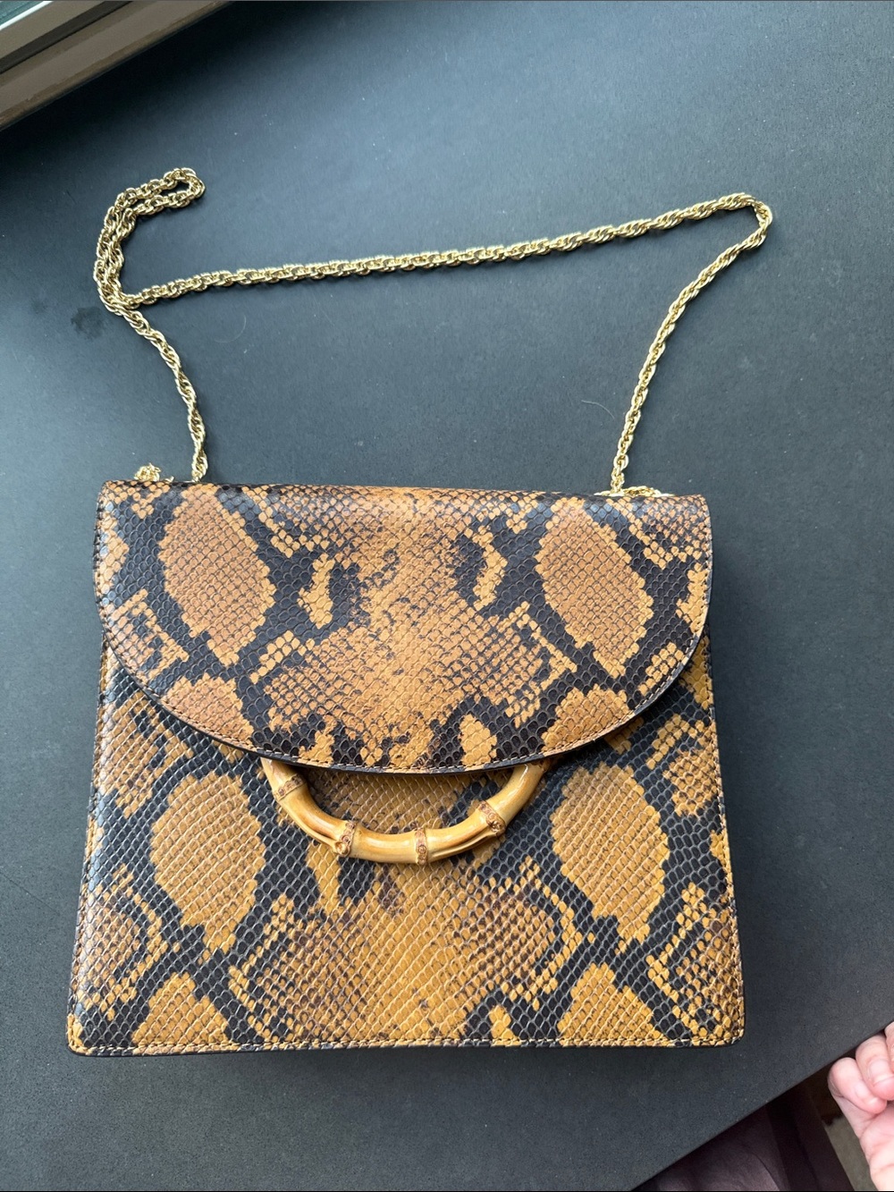 Loeffler Randall Tan & Black Snake-Print Chain Crossbody with Bamboo Ring